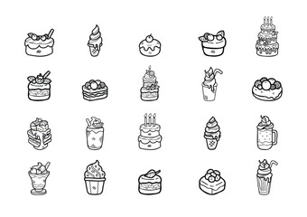  cute handraw doodle desserts bakery set black and white colour © Koon
