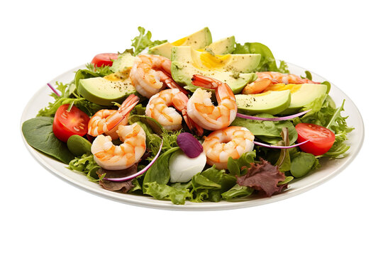 Rich plates of salad from green leaves mix and vegetables with avocado or eggs, chicken and shrimps Isolated on a white Background