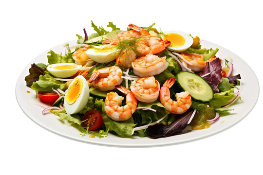 Rich plates of salad from green leaves mix and vegetables with avocado or eggs, chicken and shrimps Isolated on a white Background