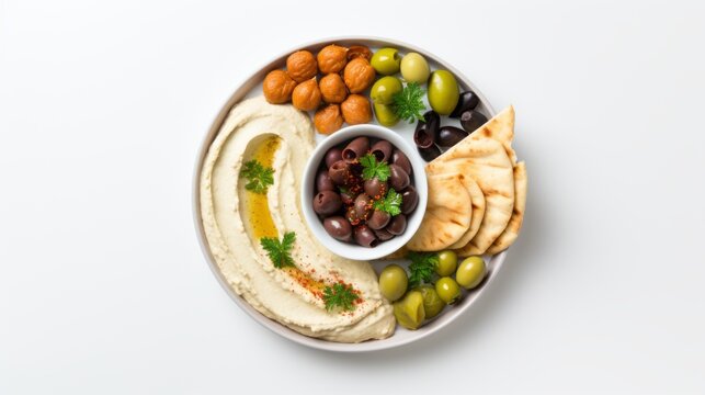 a top view Mediterranean appetizer party idea featuring a Middle Eastern meze platter with green pita and falafel on an isolated white background. 