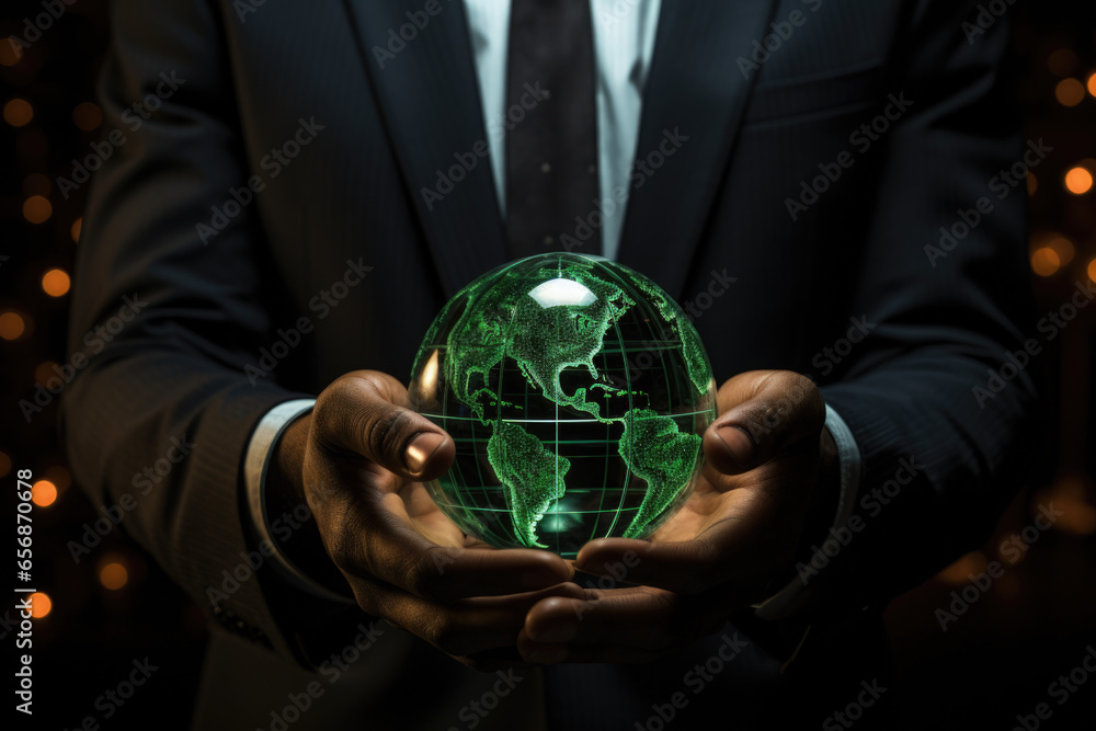 Poster man in suit holding glass globe. this image can be used to represent concepts such as global busines