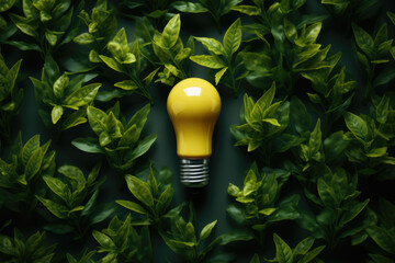 Vibrant yellow light bulb contrasts against backdrop of lush green leaves. This image can be used to represent creativity, innovation, and environment.