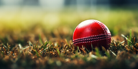 Cricket red ball on Green Turf close view 3d Rendering, 4k Ultra hd