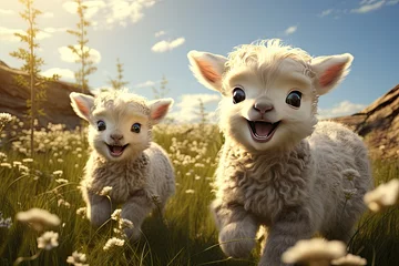 Rolgordijnen Farmers raise sheep with great joy, in farms, shear sheep to sell in market, farm scene with happy sheep © Chanwit
