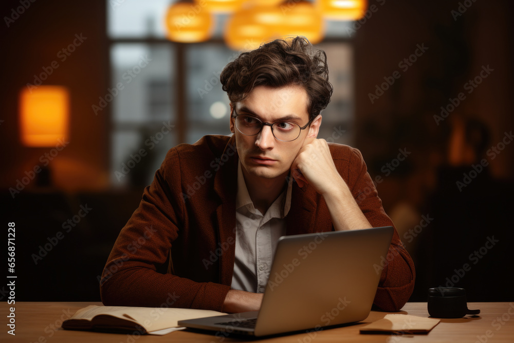 Poster man sitting at table with laptop. this image can be used to illustrate work, technology, or remote w