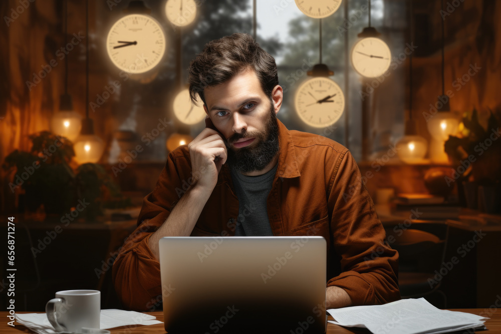 Poster man is sitting in front of laptop computer. this image can be used to depict technology, remote work