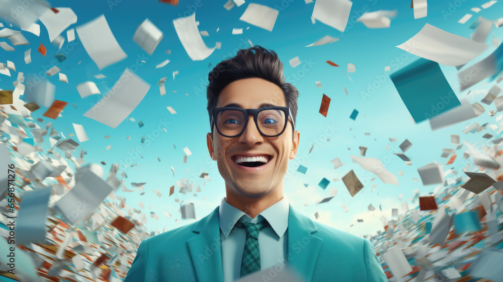 Poster man dressed in suit and tie is seen surrounded by papers. this image can be used to represent busy a