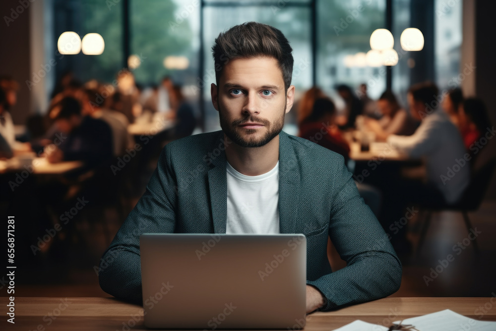 Poster man is seen sitting in front of laptop computer. this image can be used to illustrate concepts relat