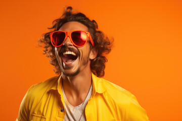 Man wearing sunglasses and yellow shirt. This versatile image can be used in various contexts. - obrazy, fototapety, plakaty