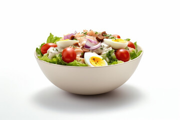 Delicious bowl of salad featuring hard boiled eggs and ripe tomatoes. This versatile image can be used for various food-related projects and healthy eating concepts.