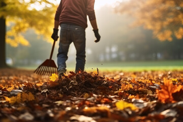 Person standing in pile of leaves with rake. This image can be used to depict fall season activities or yard work. - obrazy, fototapety, plakaty