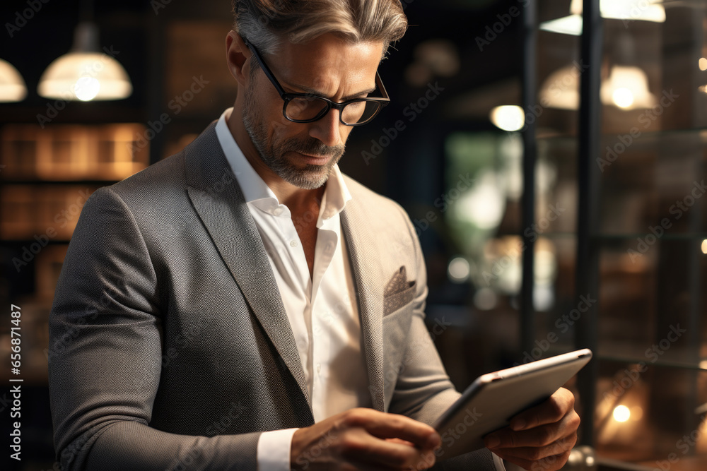 Aufkleber man in suit is using tablet computer. this image can be used to illustrate technology, business, or 