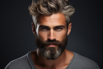 Obraz premium Close-up photograph of man with beard. This image can be used to depict masculinity, fashion, grooming, or lifestyle.