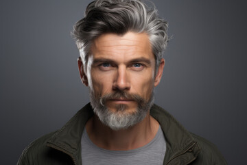 Obraz premium Close-up photograph of man with beard. This image can be used to depict masculinity, facial hair trends, grooming, or personal style.