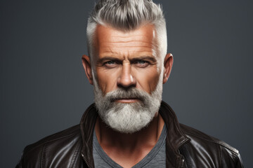 Man with beard wearing leather jacket. Masculinity, fashion, style, or individuality. Ideal for websites, blogs, magazines, or any project in need of trendy and rugged aesthetic.