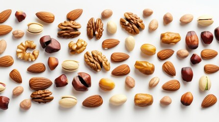 Various Nuts on white background, top view, copy space. Nuts assortment frame pecans, hazelnuts, walnuts, pistachios, almonds, pine nuts, peanuts, pumpkin seeds.