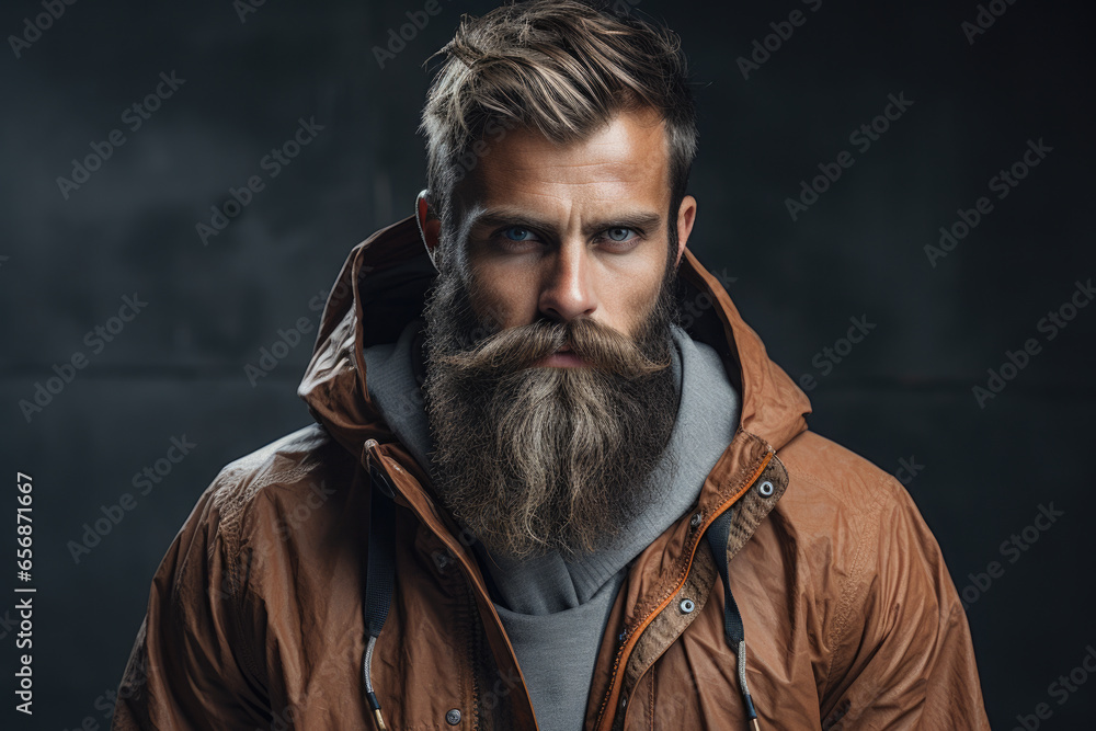 Poster picture of man with beard wearing brown jacket. this versatile image can be used to portray various 