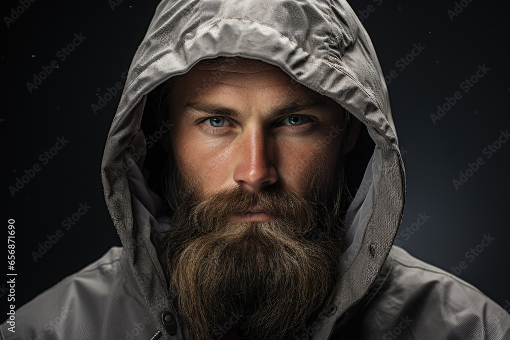 Poster Picture of man with beard wearing hooded jacket. This versatile image can be used in various contexts.