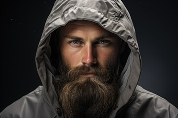 Picture of man with beard wearing hooded jacket. This versatile image can be used in various contexts.