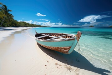 Fototapeta na wymiar Canoe on the tropical sandy beach. Beautiful summer landscape of tropical island with boat in ocean. Transition of sandy beach into turquoise water.