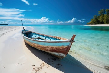 Fototapeta na wymiar Canoe on the tropical sandy beach. Beautiful summer landscape of tropical island with boat in ocean. Transition of sandy beach into turquoise water.