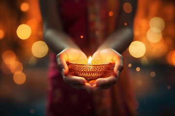 Indian woman holding diwali oil lamp in hand with bokeh background - obrazy, fototapety, plakaty