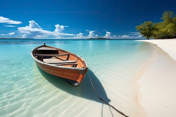 Canoe on the tropical sandy beach. Beautiful summer landscape of tropical island with boat in ocean. Transition of sandy beach into turquoise water.