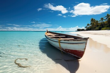Canoe on the tropical sandy beach. Beautiful summer landscape of tropical island with boat in ocean. Transition of sandy beach into turquoise water.