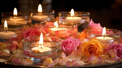 Burning candles on dark background, closeup. Diwali celebration