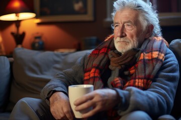 Senior Man Wearing Extra Clothes With Hot Drink Trying To Keep Warm At Home In Energy Crisis - obrazy, fototapety, plakaty