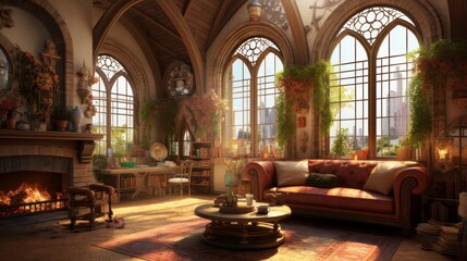 Interior of a cozy room in Romanesque style - obrazy, fototapety, plakaty