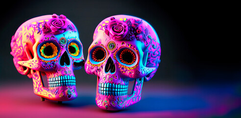 Two catrina heads wrapped in neon lights in a dark environment.
