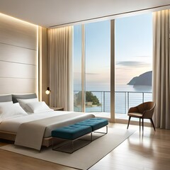 ,Beige striped and light wood interior of modern minimalistic style double hotel room with open French window and sea vew