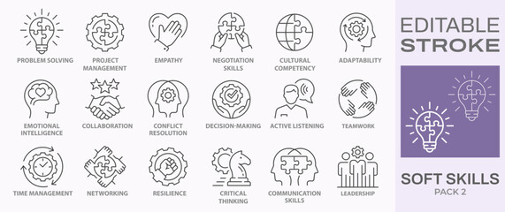 Soft skills icons, such as leadership, teamwork, problem solving, time management and more. Editable stroke.