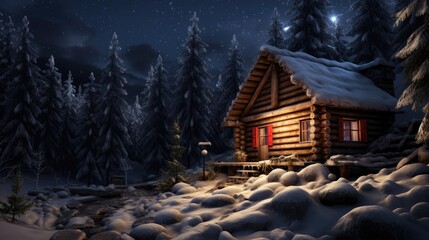 this small log cabin is snow covered at night, generative Ai - obrazy, fototapety, plakaty