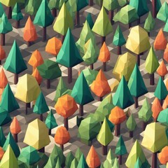 Digital illustration of trees in a forest in low poly isometric design.