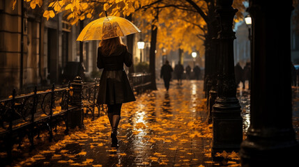 A lonely girl walks in the evening along an autumn street illuminated by lanterns.