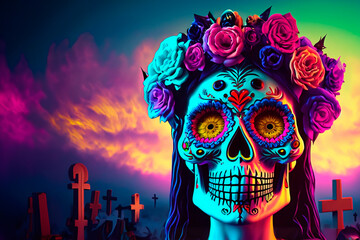 Catrina's head wrapped in neon lights in a neon environment.