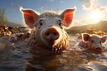 Farmers raise pigs, breed conduct organic research pigs in farms, pigs sell in market, food in restaurants - obrazy, fototapety, plakaty