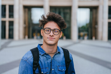Brown haired smart teen boy in jeans shirt carrying backpack looks at camera wearing glasses against blurry city buildings. Purposeful student ready for improve skills. Knowledge, youth.