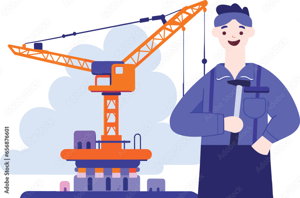 Poster hand drawn engineer or architect with building under construction in flat style