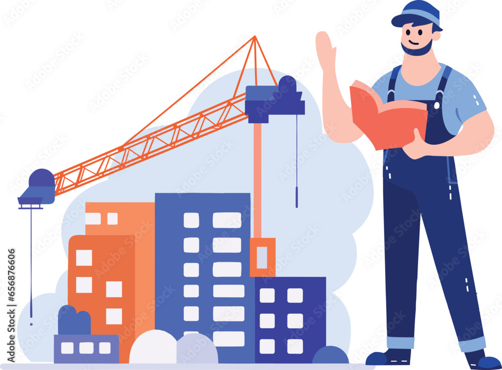 Poster hand drawn engineer or architect with building under construction in flat style