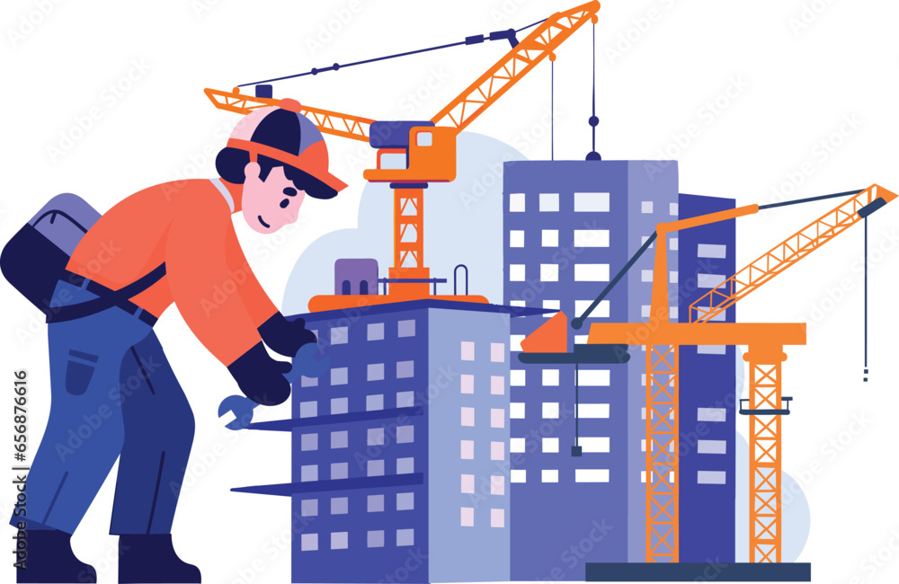 Poster hand drawn engineer or architect with building under construction in flat style