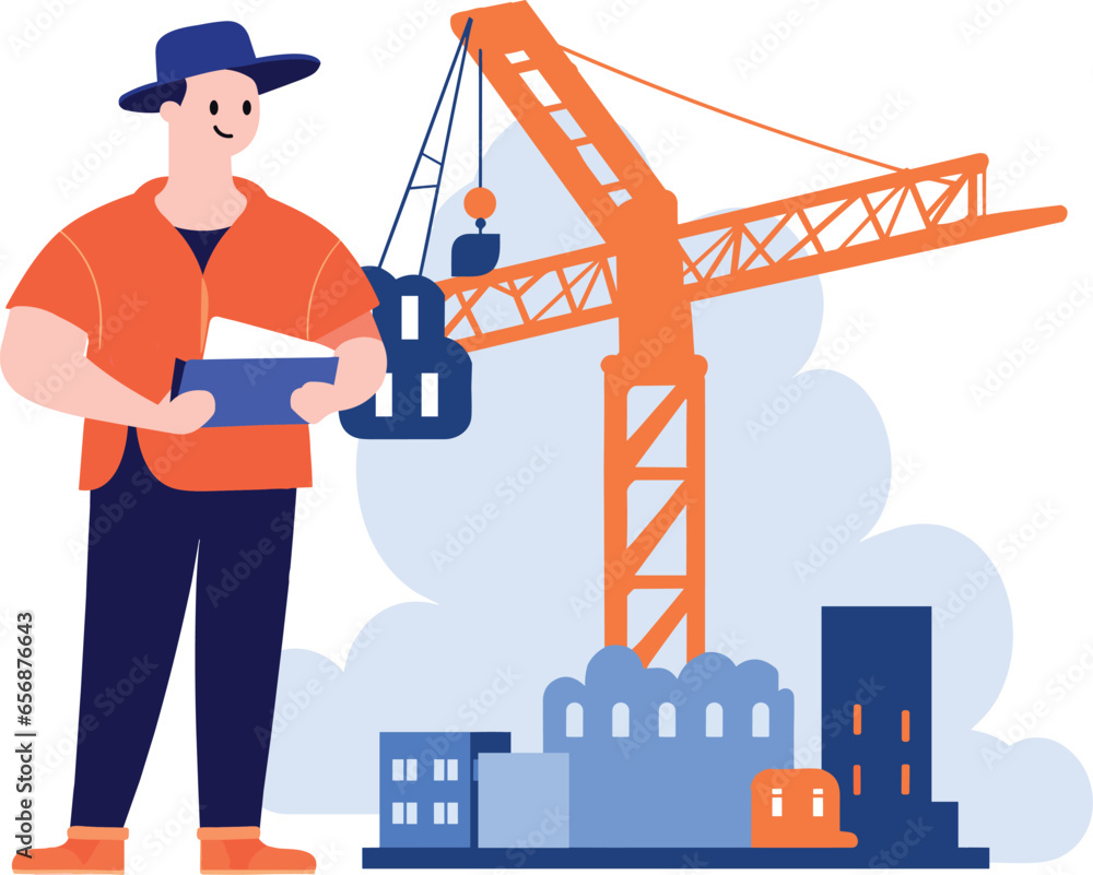 Poster hand drawn engineer or architect with building under construction in flat style
