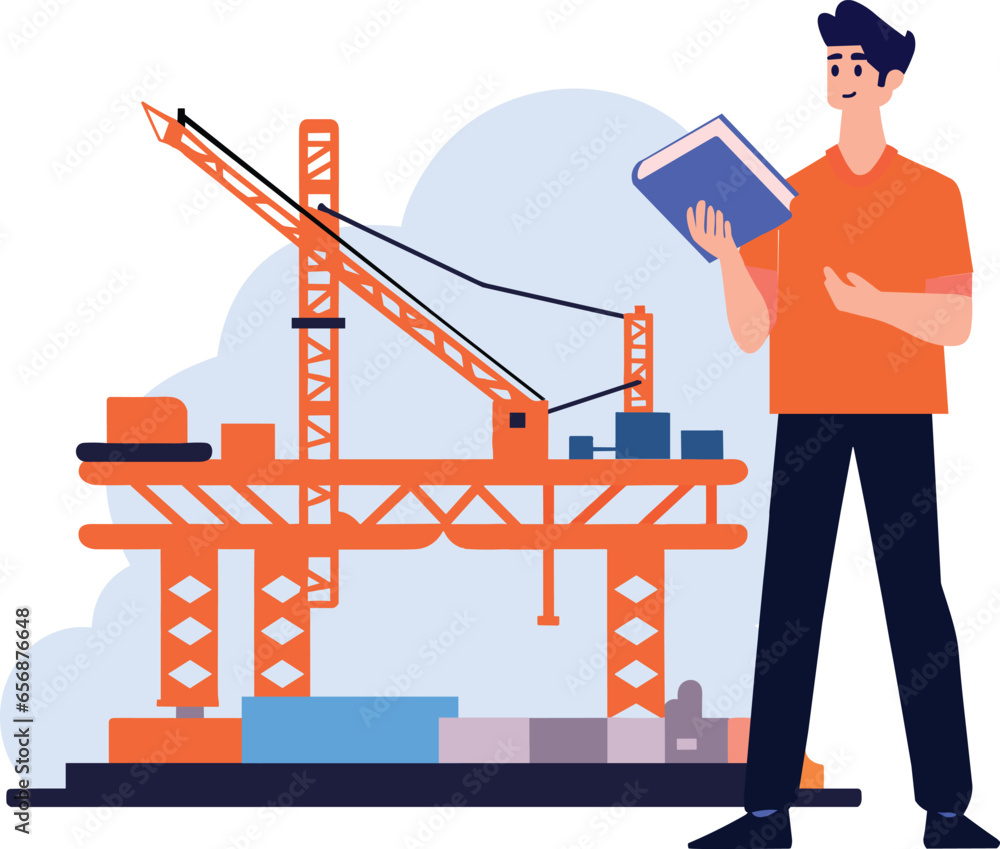 Poster hand drawn engineer or architect with building under construction in flat style