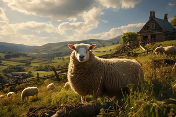 Schilderijen op glas Farmers raise sheep with great joy, in farms, shear sheep to sell in market, farm scene with happy sheep © Chanwit