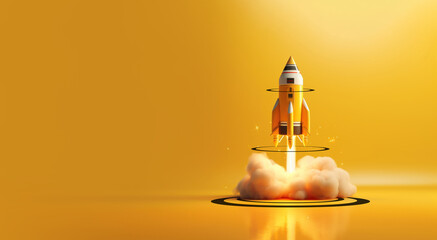 Rocket launching on yellow background, New Project, Start-up, Creativity, Big idea - obrazy, fototapety, plakaty
