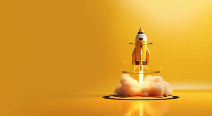 Foto op Plexiglas Rocket launching on yellow background, New Project, Start-up, Creativity, Big idea © LAONG