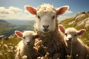 Fototapeta premium Farmers raise sheep with great joy, in farms, shear sheep to sell in market, farm scene with happy sheep