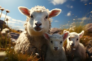 Fototapeta premium Farmers raise sheep with great joy, in farms, shear sheep to sell in market, farm scene with happy sheep